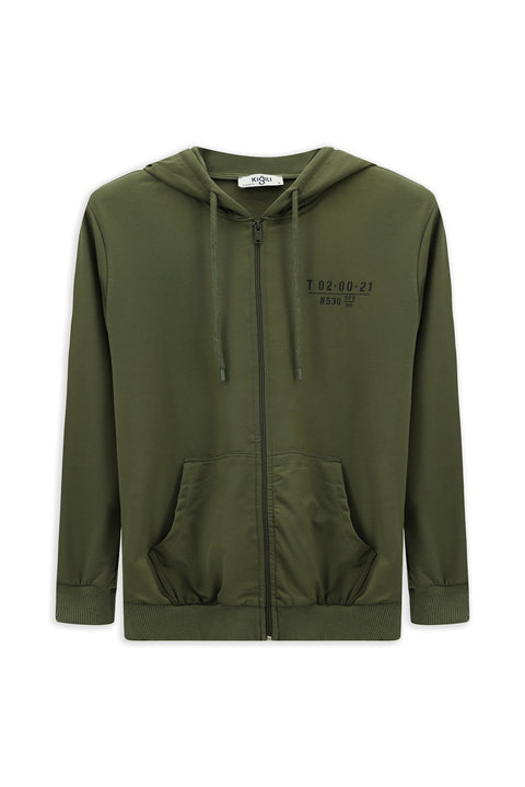 Orta Haki Kapüşonlu Regular Fit Fermuarlı Baskılı Pamuklu Sweatshirt