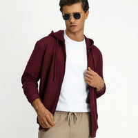 Koyu Bordo Kapüşonlu Regular Fit Fermuarlı Baskılı Pamuklu Sweatshirt