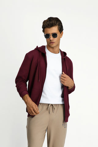  Koyu Bordo Kapüşonlu Regular Fit Fermuarlı Baskılı Pamuklu Sweatshirt