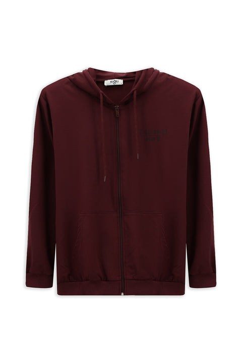 Dark Burgundy Hooded Regular Fit Zip-Up Printed Cotton Sweatshirt