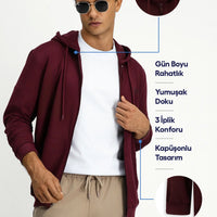 Koyu Bordo Kapüşonlu Regular Fit Fermuarlı Baskılı Pamuklu Sweatshirt