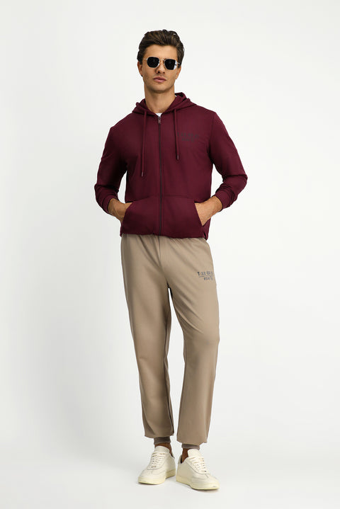 Dark Burgundy Hooded Regular Fit Zip-Up Printed Cotton Sweatshirt