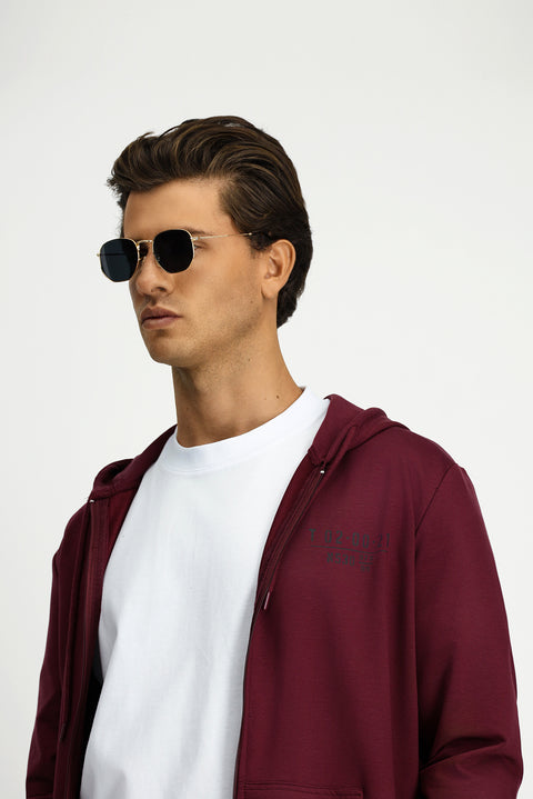 Dark Burgundy Hooded Regular Fit Zip-Up Printed Cotton Sweatshirt