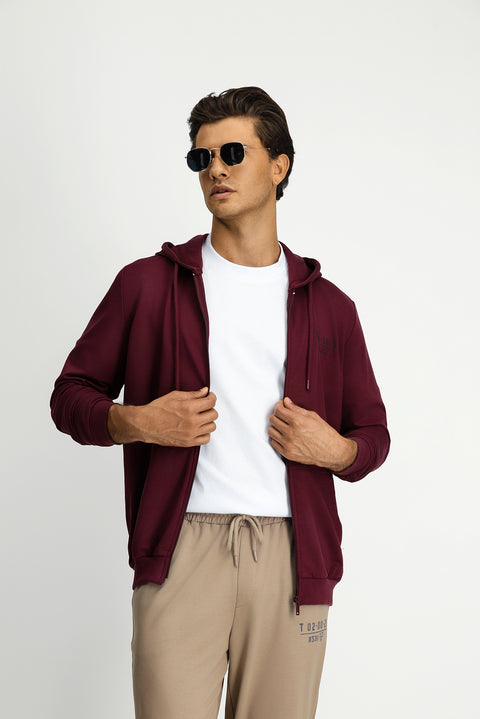 Dark Burgundy Hooded Regular Fit Zip-Up Printed Cotton Sweatshirt