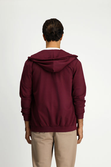 Koyu Bordo Kapüşonlu Regular Fit Fermuarlı Baskılı Pamuklu Sweatshirt