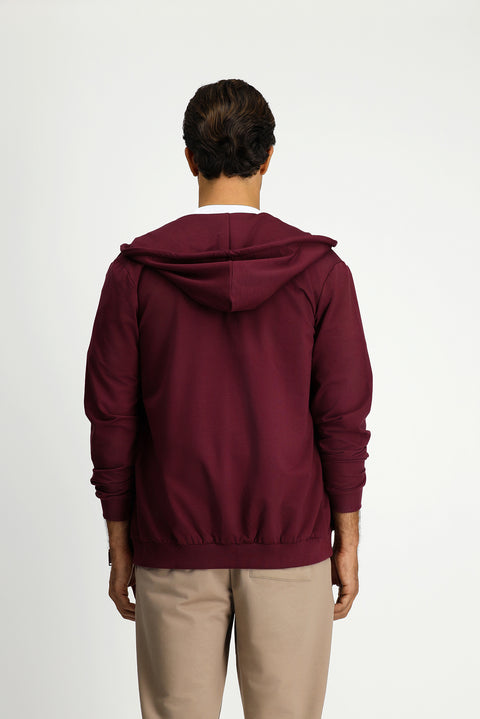 Dark Burgundy Hooded Regular Fit Zip-Up Printed Cotton Sweatshirt