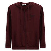 Koyu Bordo Kapüşonlu Regular Fit Fermuarlı Baskılı Pamuklu Sweatshirt