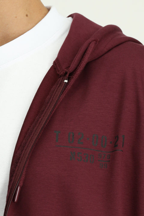 Dark Burgundy Hooded Regular Fit Zip-Up Printed Cotton Sweatshirt