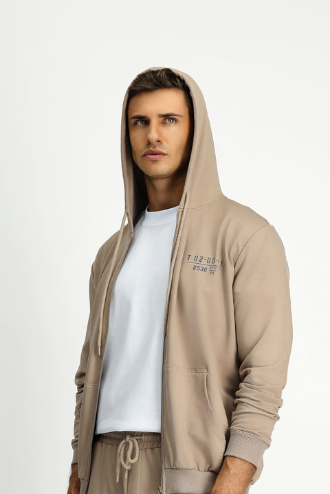 Orta Vizon Kapüşonlu Regular Fit Fermuarlı Baskılı Pamuklu Sweatshirt