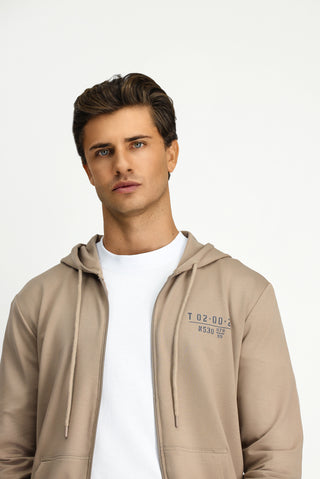  Orta Vizon Kapüşonlu Regular Fit Fermuarlı Baskılı Pamuklu Sweatshirt