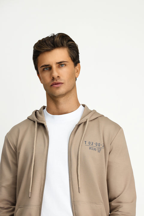 Orta Vizon Kapüşonlu Regular Fit Fermuarlı Baskılı Pamuklu Sweatshirt