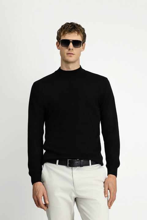 Siyah Yarım Balıkçı Yaka Regular Fit Pamuklu Örme Triko Kazak