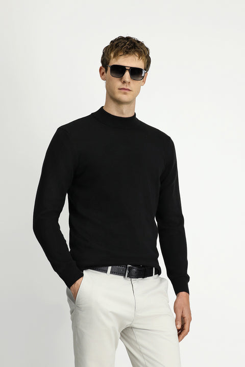 Siyah Yarım Balıkçı Yaka Regular Fit Pamuklu Örme Triko Kazak