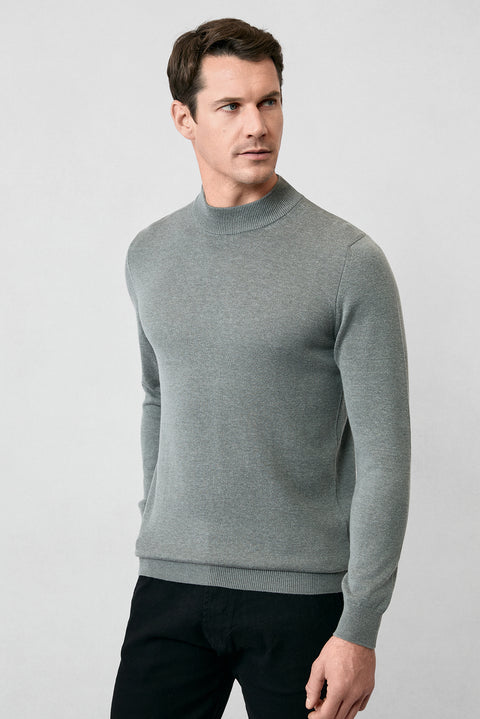 Orta Gri Yarım Balıkçı Yaka Regular Fit Pamuklu Örme Triko Kazak