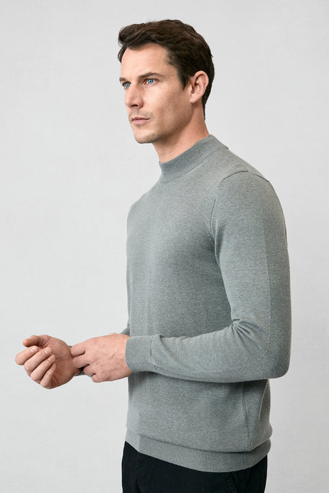 Orta Gri Yarım Balıkçı Yaka Regular Fit Pamuklu Örme Triko Kazak