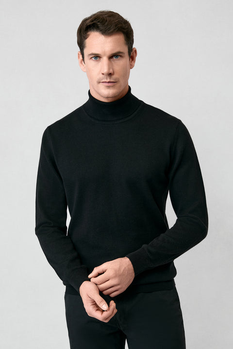 Siyah Balıkçı Yaka Regular Fit Pamuklu Örme Triko Kazak