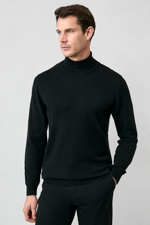 Siyah Balıkçı Yaka Regular Fit Pamuklu Örme Triko Kazak