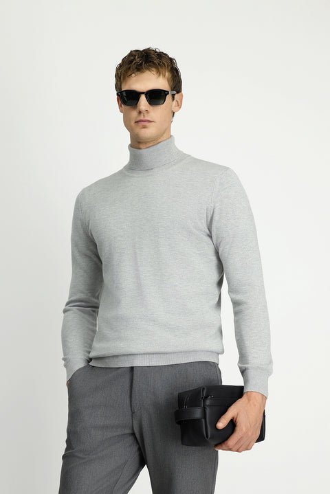 Açık Gri Balıkçı Yaka Regular Fit Pamuklu Örme Triko Kazak