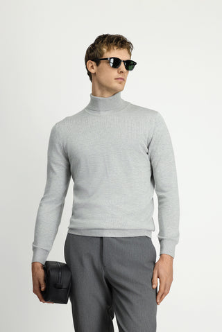  Açık Gri Balıkçı Yaka Regular Fit Pamuklu Örme Triko Kazak