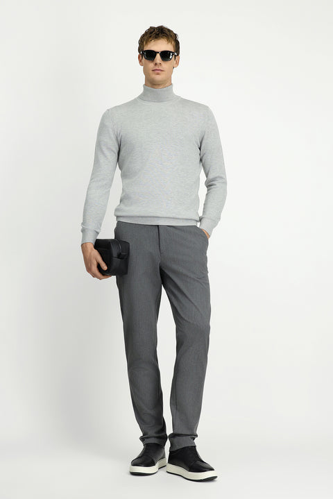 Açık Gri Balıkçı Yaka Regular Fit Pamuklu Örme Triko Kazak