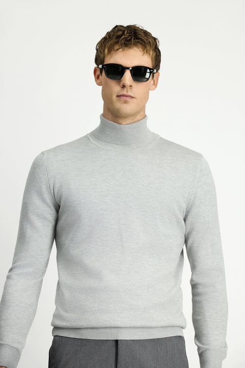 Açık Gri Balıkçı Yaka Regular Fit Pamuklu Örme Triko Kazak