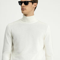 Ekru Balıkçı Yaka Regular Fit Pamuklu Örme Triko Kazak