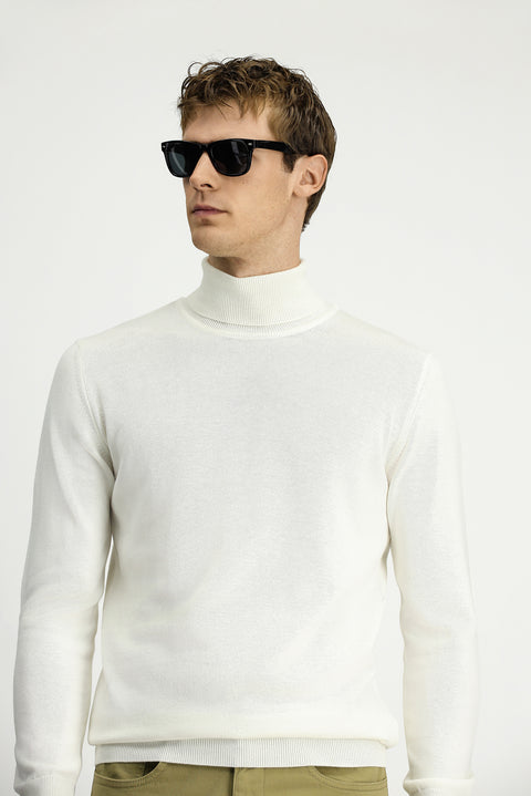 Ekru Balıkçı Yaka Regular Fit Pamuklu Örme Triko Kazak