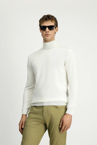  Ekru Balıkçı Yaka Regular Fit Pamuklu Örme Triko Kazak