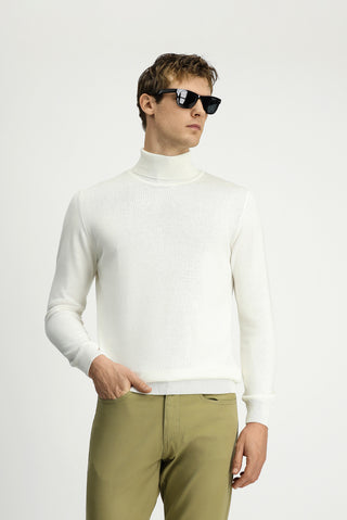  Ekru Balıkçı Yaka Regular Fit Pamuklu Örme Triko Kazak