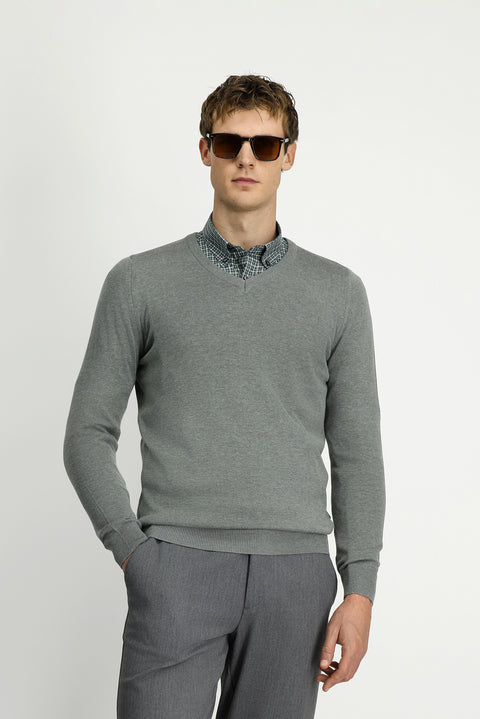 Medium Grey V-Neck Regular Fit Cotton Knitted Sweater