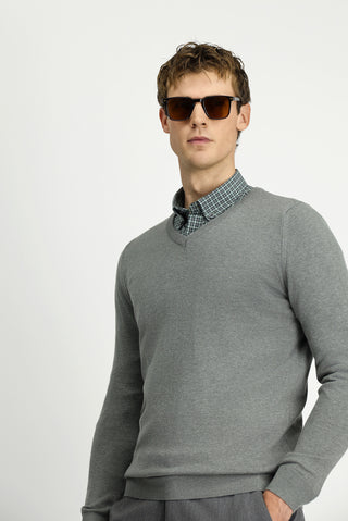  Orta Gri V Yaka Regular Fit Pamuklu Örme Triko Kazak