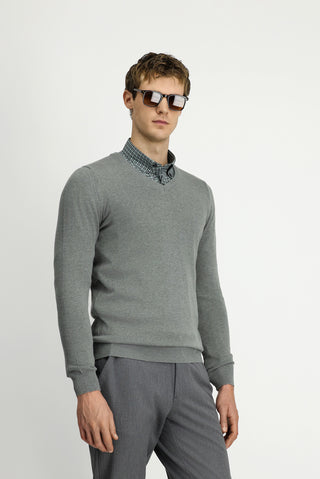  Orta Gri V Yaka Regular Fit Pamuklu Örme Triko Kazak