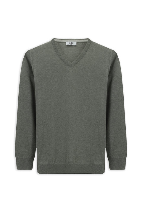 Orta Gri V Yaka Regular Fit Pamuklu Örme Triko Kazak