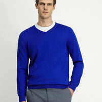 Navy Blue V-Neck Regular Fit Cotton Knitted Sweater