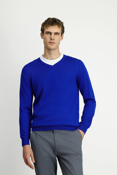 Navy Blue V-Neck Regular Fit Cotton Knitted Sweater