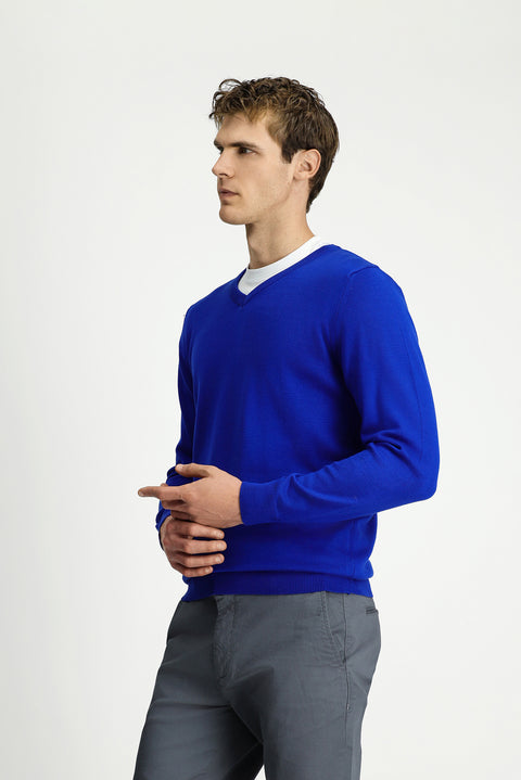 Navy Blue V-Neck Regular Fit Cotton Knitted Sweater