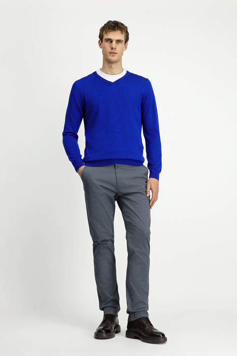 Navy Blue V-Neck Regular Fit Cotton Knitted Sweater