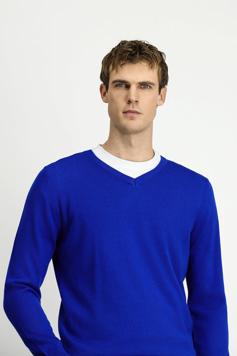 Navy Blue V-Neck Regular Fit Cotton Knitted Sweater