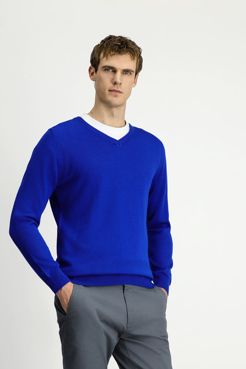 Navy Blue V-Neck Regular Fit Cotton Knitted Sweater