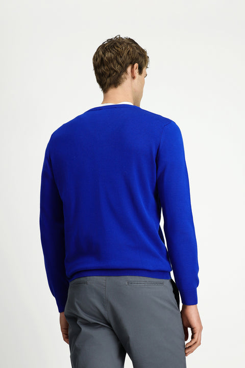 Navy Blue V-Neck Regular Fit Cotton Knitted Sweater