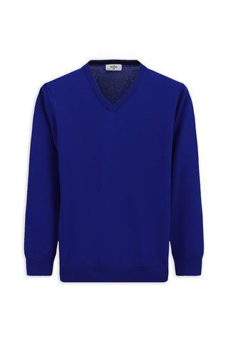  Saks Mavi V Yaka Regular Fit Pamuklu Örme Triko Kazak