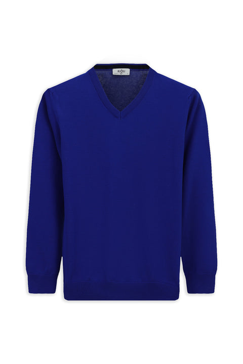 Saks Mavi V Yaka Regular Fit Pamuklu Örme Triko Kazak