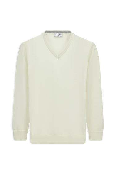  Ekru V Yaka Regular Fit Pamuklu Örme Triko Kazak