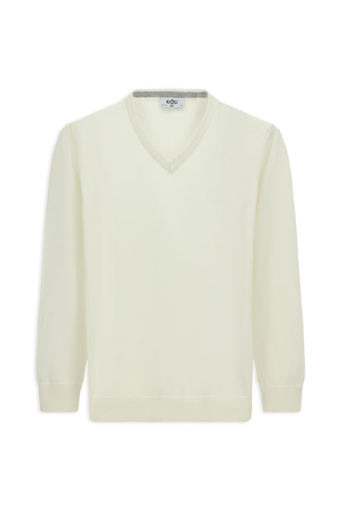 Ekru V Yaka Regular Fit Pamuklu Örme Triko Kazak