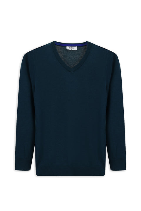 Medium Petrol V-Neck Regular Fit Cotton Knitted Sweater
