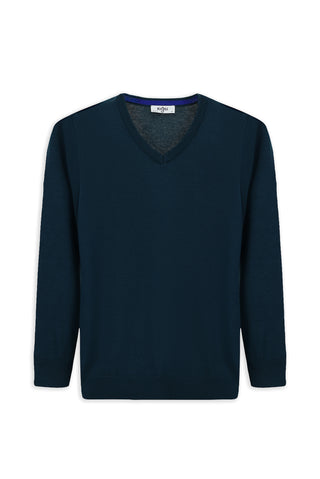  Orta Petrol V Yaka Regular Fit Pamuklu Örme Triko Kazak