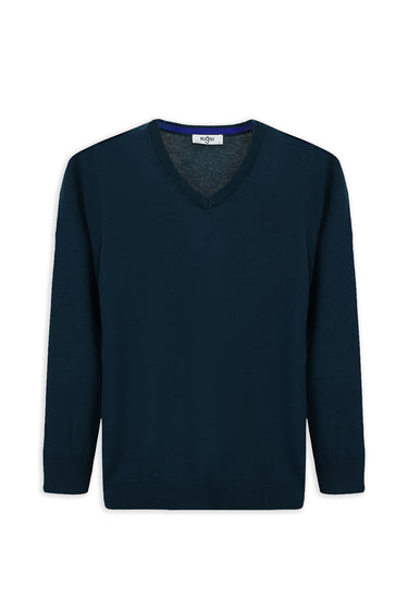  Orta Petrol V Yaka Regular Fit Pamuklu Örme Triko Kazak