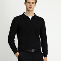 Siyah Polo Yaka Regular Fit Fermuarlı Pamuklu Örme Triko Kazak