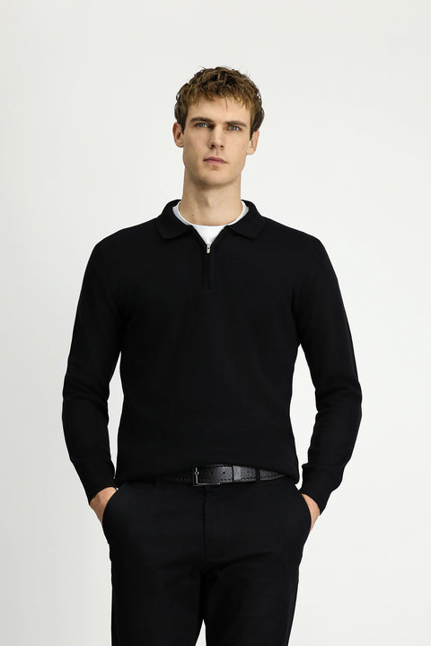 Siyah Polo Yaka Regular Fit Fermuarlı Pamuklu Örme Triko Kazak