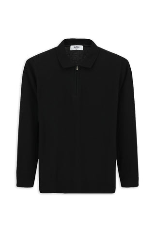  Siyah Polo Yaka Regular Fit Fermuarlı Pamuklu Örme Triko Kazak